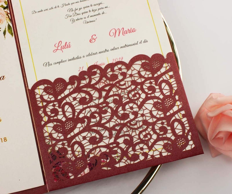 Lucky Star 25 sets Burgundy Vintage Tri Fold Wedding Invitations Cards Laser Cut Hollow Pocket Fold Greeting Invites With Envelopes 5x7 - Image 3